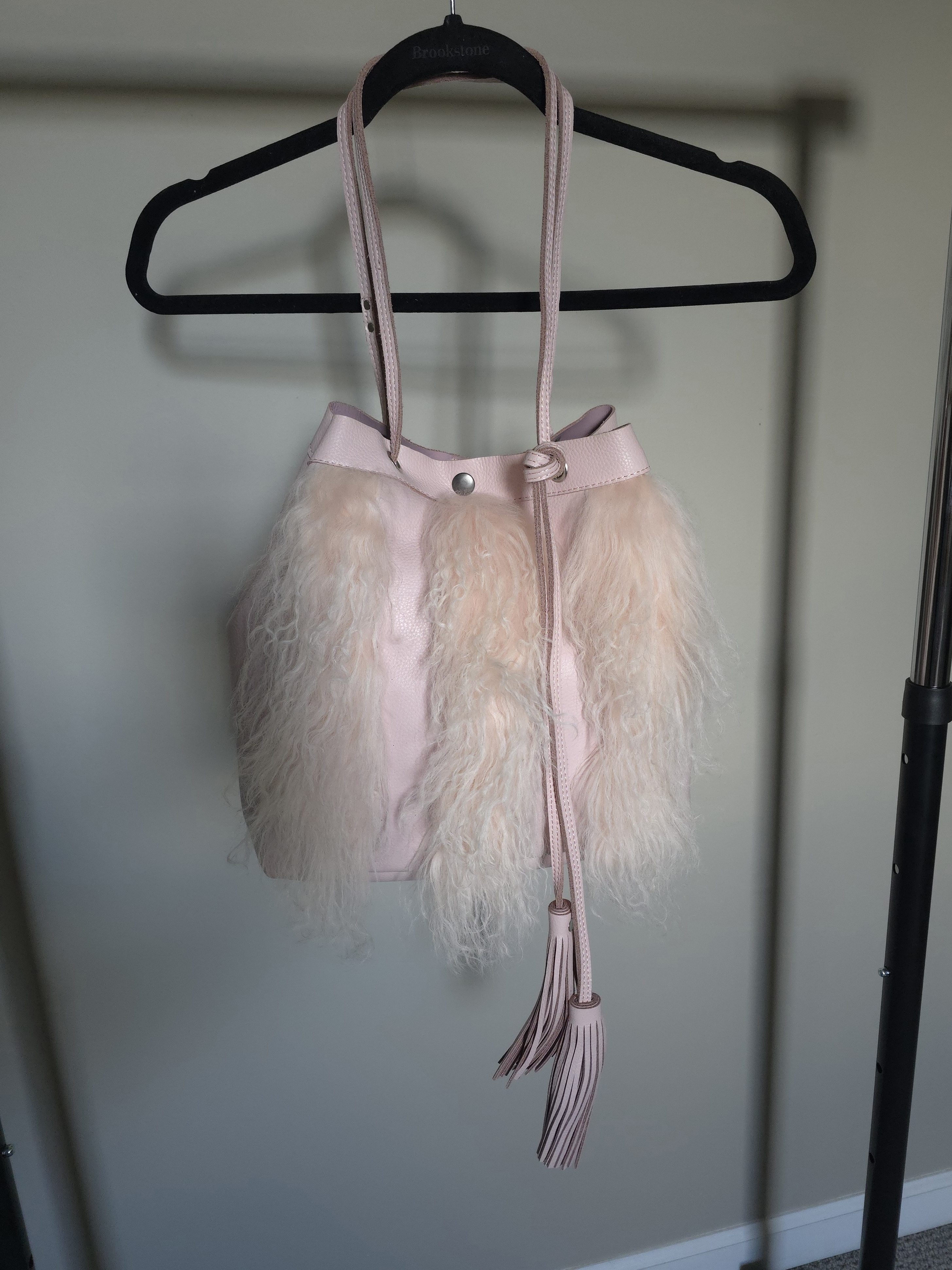 Leather Bucket Bag Purse With Tassels & Mongolian Lamb Panels